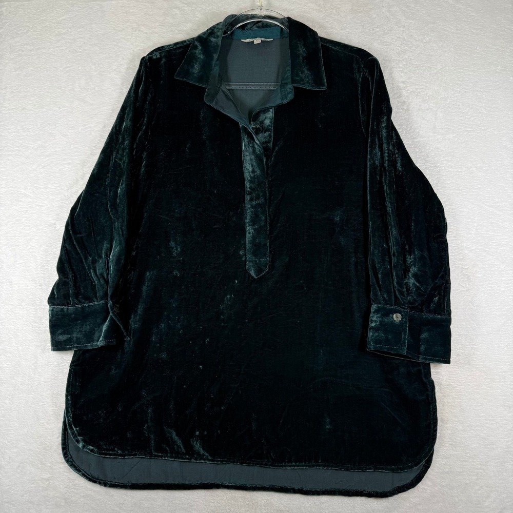 John Mark Dark Green Velvet Tunic Shirt Long Sleeve Collared Viscose Blend M